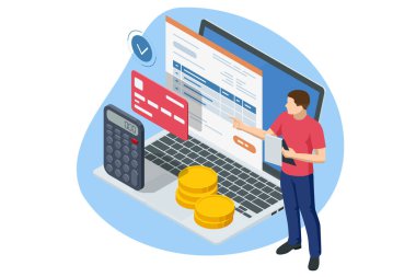 Isometric Online Bill Payment. Home Utilities Bill Payment Services Concept. Gas, Water, Electricity Supply Save energy, pay utility bills