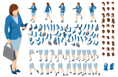 Isometric brown-haired woman character constructor. Front and back view. Various options for hairstyle, clothes, accessories and gadgets, legs, and arms moves.Businesswoman character design