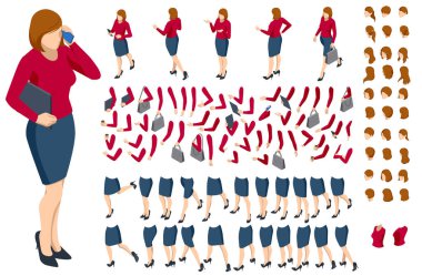Isometric brown-haired woman character constructor. Front and back view. Various options for hairstyle, clothes, accessories and gadgets, legs, and arms moves.Businesswoman character design