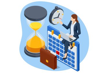 Isometric time management and business planning. Time is money. Deadline. Deadline concept of overworked woman, Time to work, Time management project plan schedule clipart