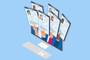 Isometric hiring and recruitment concept for web page, banner, presentation. Diverse people hands raise up holding resume or CV offer candidacy at open position. Job interview, recruitment agency.