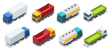 Isometric Petroleum tanker, Dump Truck, Refrigerator truck logistics, land transport. Trucks set isolated realistic vehicles on white background