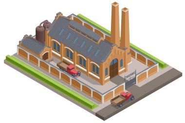 Isometric Industrial plant, factory. Vintage building. Old beer factory or Old manufactory.