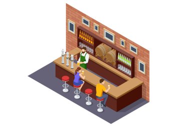 Isometric Beer bar counter. Interior of pub or bar. Beer bar, the bartender pours beer, guests sit at the bar
