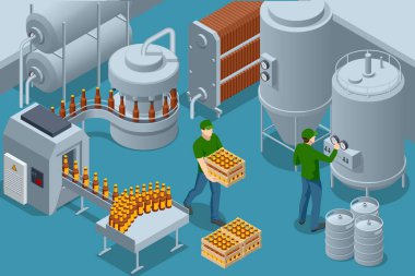 Isometric Bottler and packaging of bottles. Interior composition brewery production facility, Conveyor belt with bottles in the beer factory.