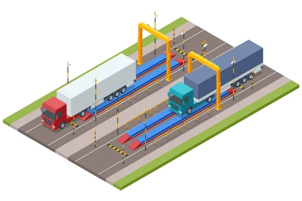 Isometrische Vrachtwagen Geladen Weegbrug Weegplatformen Containerwagen Weegschaal Vrachtvervoer Vrachtwagen Met — Stockvector