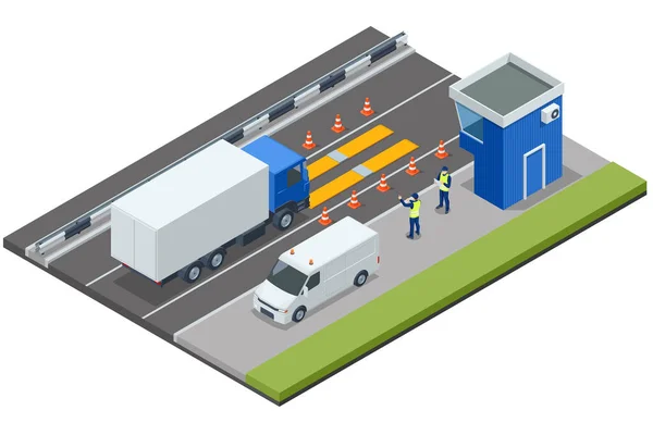 Camião Reboque Isométrico Carregado Ponte Pesagem Plataforma Controlo Pesagem Container —  Vetores de Stock