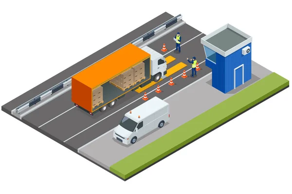 Ισομετρική Container Αυτοκίνητο Στην Κλίμακα Ζύγισης Cargo Μεταφοράς Truck Ρυμουλκούμενο — Διανυσματικό Αρχείο