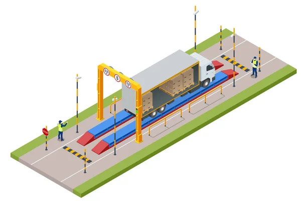 货运量秤上的等距货柜车 装有集装箱的卡车拖车 载货拖车在天桥上称重控制平台 — 图库矢量图片
