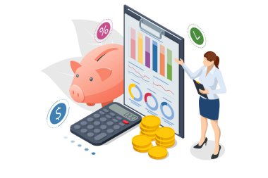 Isometric Concept of Business Analysis, Analytics, Research, Finans Çizelgesi, Finansal Planlama, Veri Analizi, Yönetim Stratejisi. Menkul kıymetlere yatırım, akıllı yatırım, stratejik yönetim