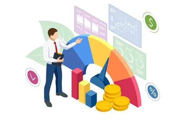 Isometrisches Konzept Für Unternehmensanalyse Analytik Finanzdiagramm Finanzplanung Datenanalyse Und Managementstrategie — Stockvektor