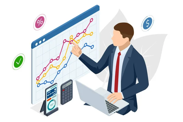 Isometrische Geschäftsanalyse Forschung Strategiestatistik Planung Marketing Finanzdiagramm Finanzplanung Datenanalyse Managementstrategie — Stockvektor