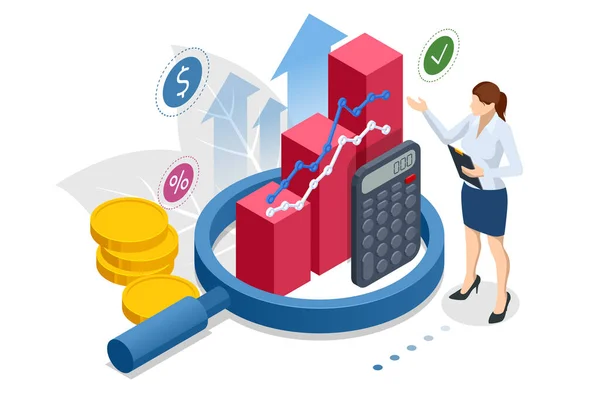 Izometrická Analýza Podnikání Analytika Výzkum Statistika Strategie Plánování Marketing Finanční — Stockový vektor