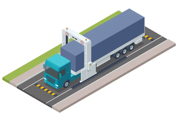 Ізометричний Вантажний Транспортний Засіб Проходить Через Мобільний Рентгенівський Контроль Мобільна — стоковий вектор