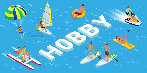 Isometric Hobby Concept Jet Ski Sports Surfeur Sur Blue Ocean — Image vectorielle