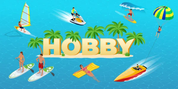 Isometric Hobby concept. Jet Ski, Sports. Surfer on Blue Ocean Wave. Fun in the ocean, Extreme Sport, water skiing. Active summer vacations with paddle board. Hobby Young People