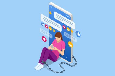 Isometric Social Media Addiction, Influence, Popülarite, Modern Yaşam Tarzı ve Ad Concept. Akıllı telefon cihazları olan kadınlar. Depresyonda ve üzgün bir kadın büyük bir cep telefonuna zincirlenmiş ve zincirlenmiş.