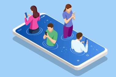 Isometric Social Media Addiction, Influence, Popülarite, Modern Yaşam Tarzı ve Ad Concept. İnsanlar akıllı telefonlara dokunur, sohbet eder, sanal sosyal ağlarda konuşur ya da internet haberleri, hikayeler ve video izlerler..