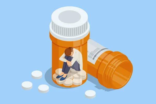 Isometrisches Konzept Der Abhängigkeit Von Tabletten Medikamenten Antidepressiva Gesundheitswesen Und — Stockvektor