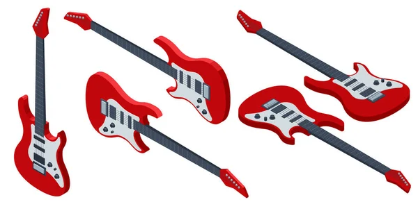 Isometric Realistic Electric Guitar Instrumen Musik Gitar Akustik Dan Listrik - Stok Vektor