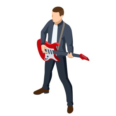 Isometric Gerçekçi Elektrikli Gitar. Beyaz arka planda izole edilmiş elektro gitar çalan adam.