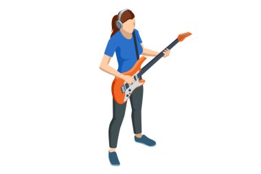 Isometric Gerçekçi Elektrikli Gitar. Beyaz arka planda elektro gitar çalan bir kadın.