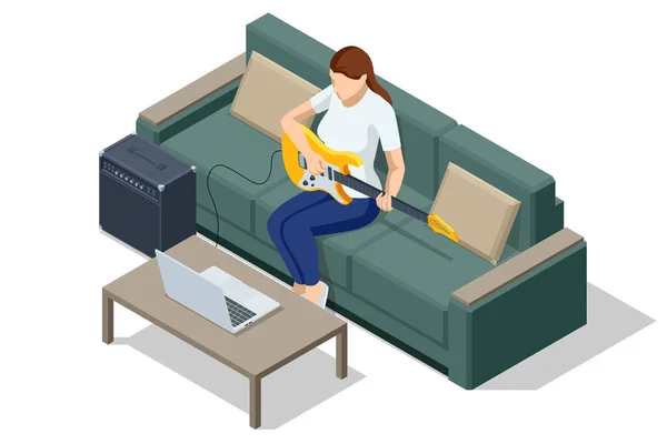 Isometric Electric Guitar Woman Playing Electric Guitar Combo Amp Isolated — Stock Vector