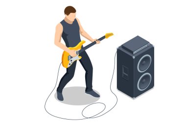 Isometric Gerçekçi Elektrikli Gitar. Elektro gitar çalan bir adam ve beyaz arka planda neredeyse izole edilmiş bir amfi. Prova üssü