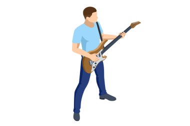 Isometric Gerçekçi Elektrikli Gitar. Beyaz arka planda izole edilmiş elektro gitar çalan adam.