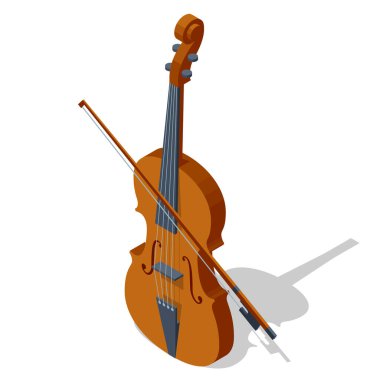 Beyaz arka planda izole edilmiş, keman sopalı Isome kemanı. Klasik telli müzik aleti. Kahverengi keman ve yay.