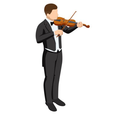 Isometric kemancı. Keman çalan adam. Klasik telli müzik aleti. Kahverengi keman ve yay