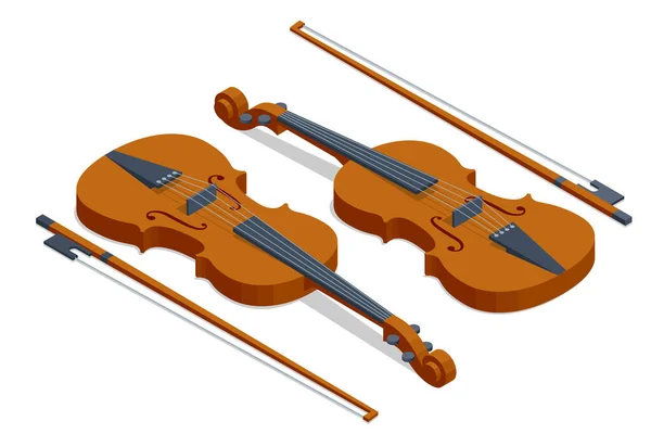 白い背景にフィドレスティックが分離されたアイソメトリックバイオリン 古典的な弦楽器 茶色のバイオリンと弓 — ストックベクタ