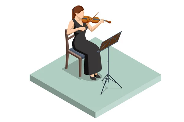 等距小提琴手拉小提琴的女人古典音乐弦乐器 褐色小提琴和弓箭 带音符的音乐台 — 图库矢量图片