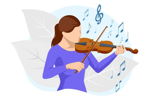 等距小提琴手拉小提琴的女人古典音乐弦乐器 褐色小提琴和弓箭 — 图库矢量图片
