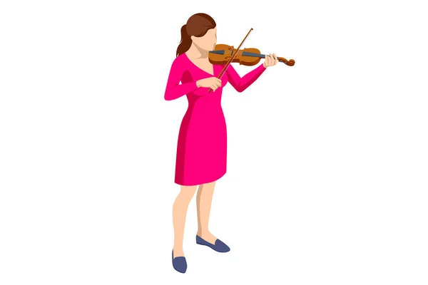 Isometric Violinist Woman Playing Violin Classical Stringed Musical Instrument Brown — Stock Vector