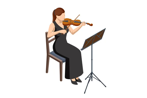 等距小提琴手拉小提琴的女人古典音乐弦乐器 褐色小提琴和弓箭 带音符的音乐台 — 图库矢量图片