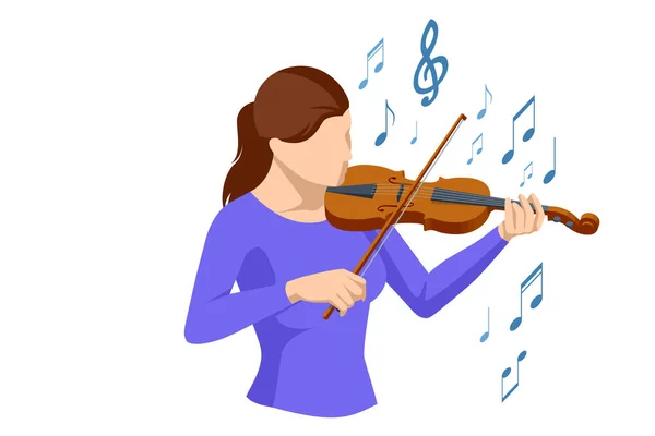 アイソメトリックバイオリニスト バイオリンを弾く女 古典的な弦楽器 茶色のバイオリンと弓 — ストックベクタ