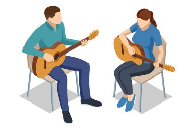 Isometric Vokal sanatçıları. Birlikte akustik gitar çalan bir çift. Erkek öğretmen bayan öğrenciye gitar çalmanın temel kurallarını anlatıyor.