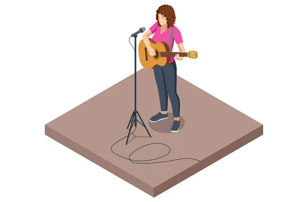Mujer Isométrica Para Frente Micrófono Toca Guitarra Canta Una Canción — Vector de stock