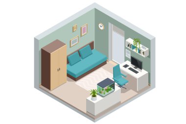 Isometric modern oturma odası iç kısmı. Kanepeli bir oda, bir gardırop, masada bir bilgisayar ve komodinin üzerinde bir akvaryum..