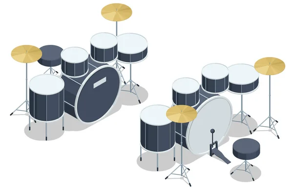 Isométrico Drum Kit Com Tambores Címbalos Instrumento Musical Que Toca — Vetor de Stock