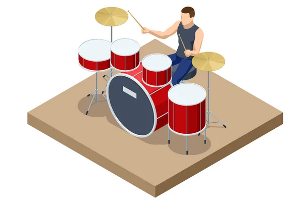 Isometrische Drumkit Met Drums Bekkens Mens Die Druminstrumenten Bespeelt Muziekinstrument — Stockvector
