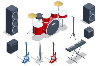 Isometric set müzik enstrümanı analog ses, davullar ve ziller ve Akustik ve Elektronik Gitar Müzik Enstrümanları ile davul seti, ve yakında birleşik amfi.