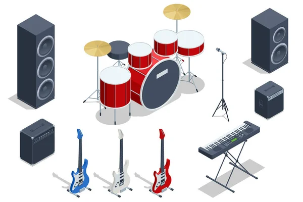 Set Isometrico Strumenti Musicali Sintetizzatore Audio Analogico Drum Kit Con — Vettoriale Stock