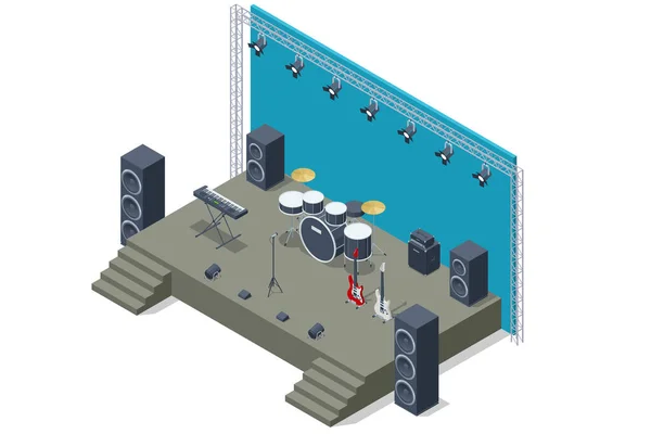 Escenario Rendimiento Isométrico Sonido Analógico Del Sintetizador Kit Batería Con — Archivo Imágenes Vectoriales