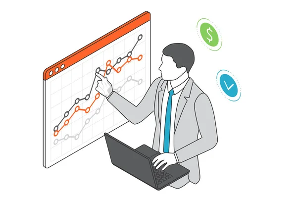 Isometric Business Business Marketing Análise Negócios Análise Pesquisa Estatística Estratégia — Vetor de Stock