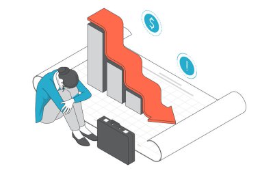 Kötü Ekonomi Azalması, Bütçe Durgunluğu, iflasın Isometric konsepti, İflas, Kötü Ekonomi Azalması, Bütçe Durgunluğu, Finansal Kriz.