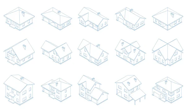 Isometric Isometric Villas Basses Modernes Différents Types Villas Maison Campagne — Image vectorielle