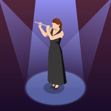 Isometric Woman flüt çalıyor. Flüt ahşap rüzgar orkestra enstrümanı.