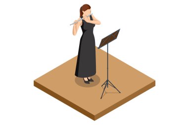 Isometric Woman flüt çalıyor. Flüt ahşap rüzgar orkestra enstrümanı.